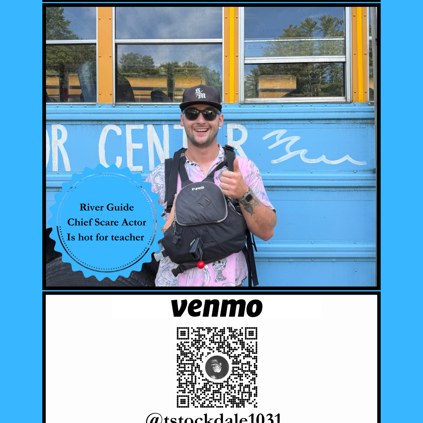Man smiling with a backpack in front of a blue bus.