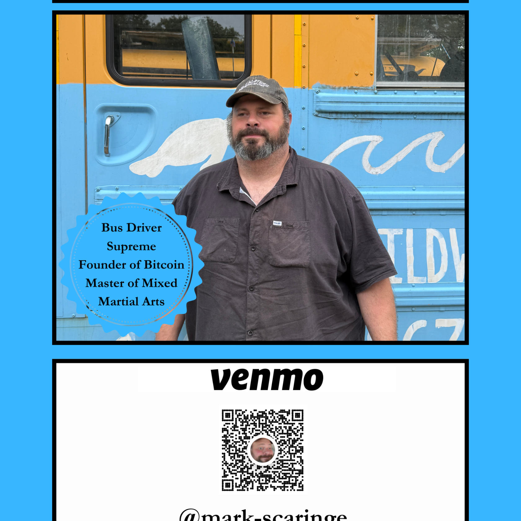 Man in front of blue bus, text on card includes QR code and Venmo info.