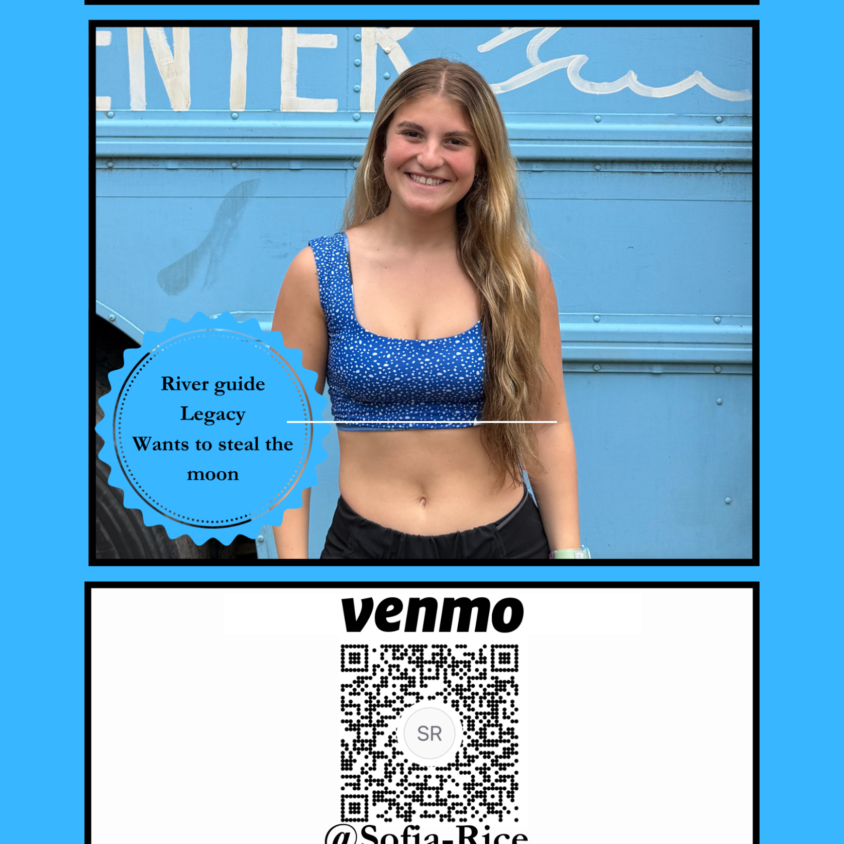 Woman smiling in front of blue truck, wearing blue top and black pants, with QR code and text.