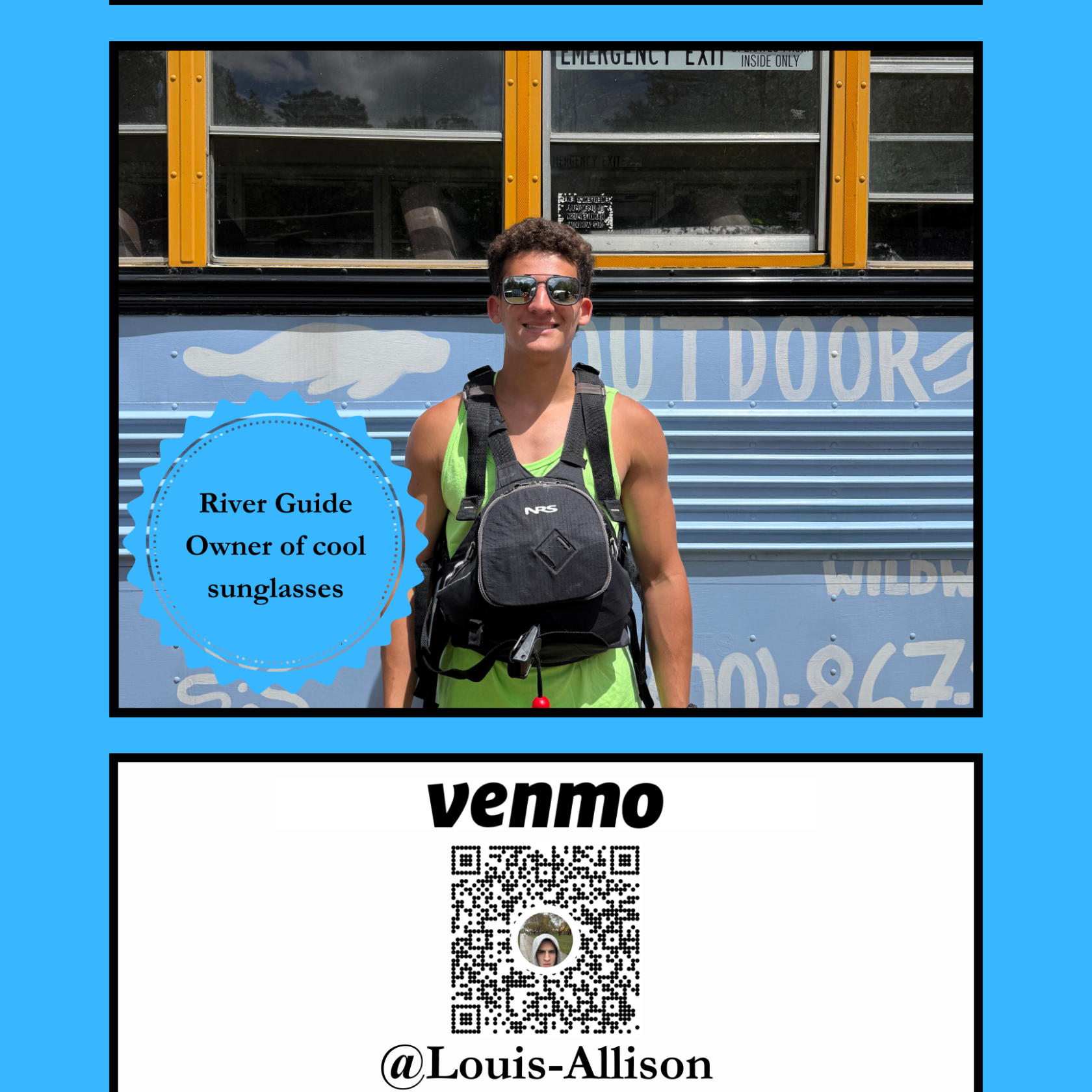 Person in swimsuit and sunglasses in front of bus with QR code below.